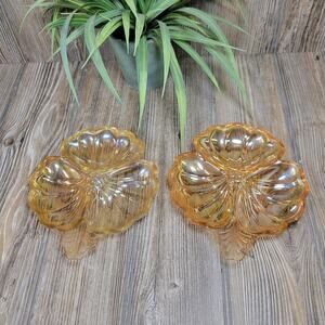 2 Jeannette Glass Clover 3 Part Candy Dish Marigold Iridescent Doric